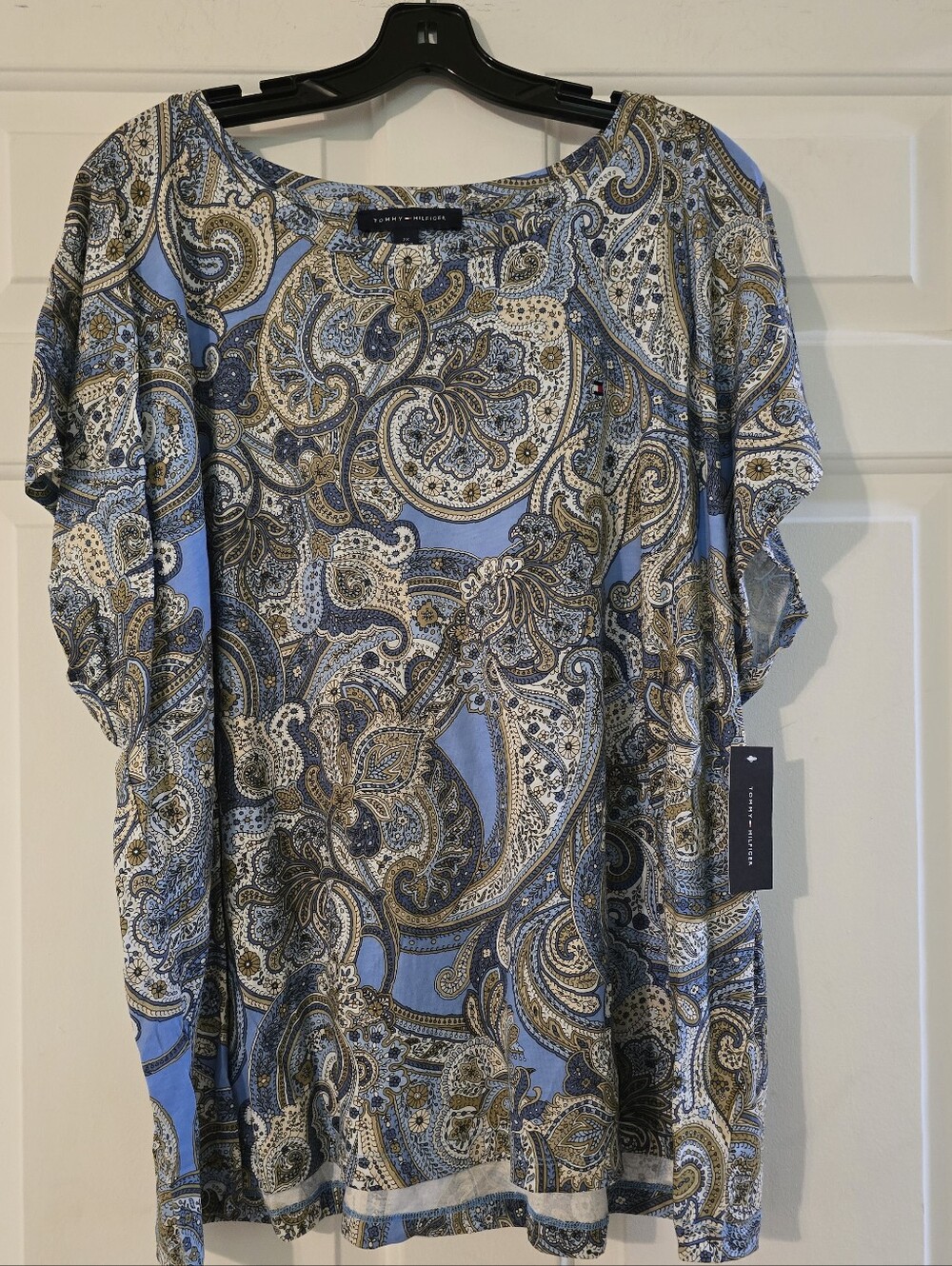 Tommy Hilfiger Blue and Gold Paisley Short Sleeve Blouse